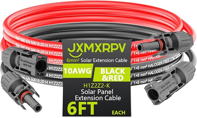 Solar Extension Cable 6.6Ft 10AWG, Solar Wire with Tool-Free Solar Connectors, Waterproof Solar Panel Extension Cable 6mm², PV Cable 10Gauge for Home Boat RV Solar Panels(6.6ft)
