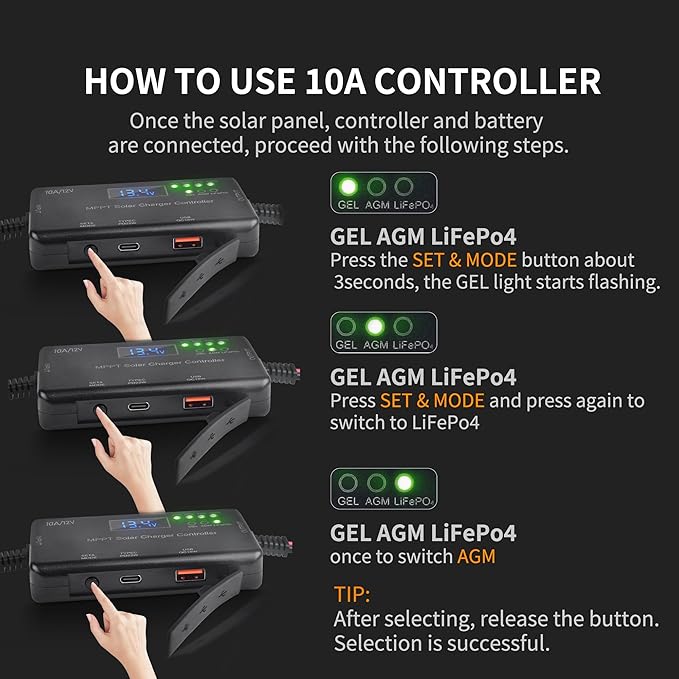 MPPT Solar Charge Controller 12V 10A with Battery Clamps,Solar Panel Charge Controller with Type-C and USB Output for Gel, AGM, LiFePO4 Battery