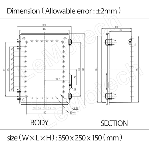 LeMotech Electrical Box, IP67 Waterproof Hinged Cover Stainless Steel Latch Junction Box, ABS Plastic Electrical Enclosure with Mounting Plate,Wall Brackets, Cable Glands, 13.8"x9.8"x5.9", Grey