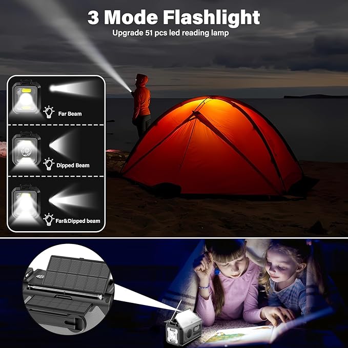 12000mAh Emergency Weather Radio, Hand Crank Solar Radio Portable AM/FM/NOAA Radio with 2 Solar Panels 3 Charging Methods SOS Alarm 3 Mode Flashlight Phone Charger Compass Reading Lamp