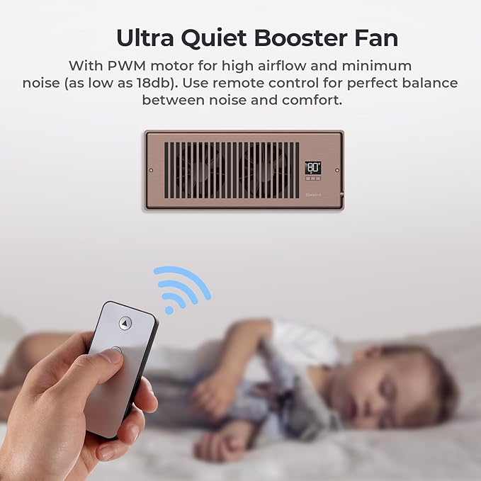 Quiet Register Booster Fan Fits 4" x 12" Register Holes, 10-Speed Smart Heating Cooling AC Vent Fan with Remote Control and Thermostat Control - Bronze