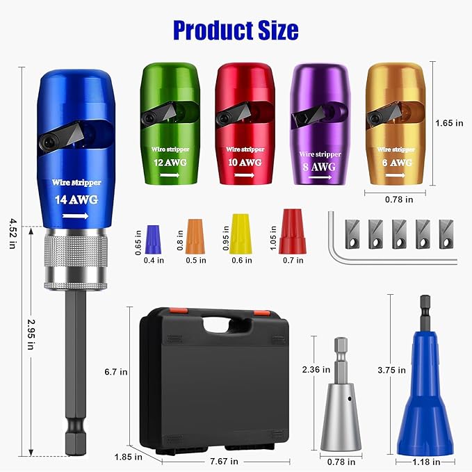 Wire Stripper Twister Tool for Drill,2026 Upgraded Wire Stripping Tool & Wire Twisting Connector for Cutters 6-14 AWG,8 In 1 Professional Electrician Twister Stripping with 70 PCS Wire Nut 5 PCS Blade