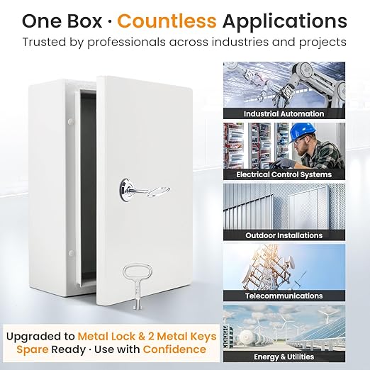 QILIPSU Metal Electrical Box IP65 Waterproof Steel Project Enclosure Lockable Weatherproof Electric Junction Box for Indoor & Outdoor Use 14"x10"x6"