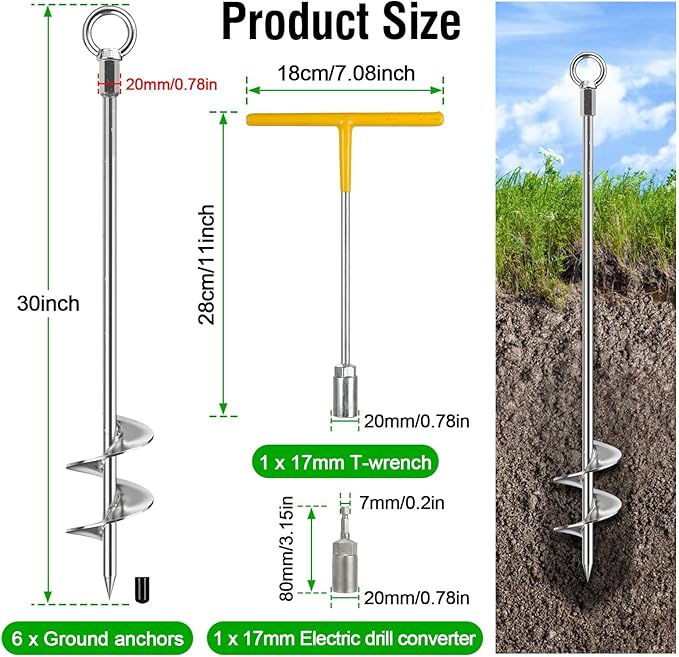 Ground Anchors Heavy Duty, 6 Pack Fully Welded Solid Steel Ground Anchors Screw in with 2.9" Spiral Blade, Trampoline Earth Stakes Auger Anchors for Sheds, Mobile Home, Tent, Swing Set