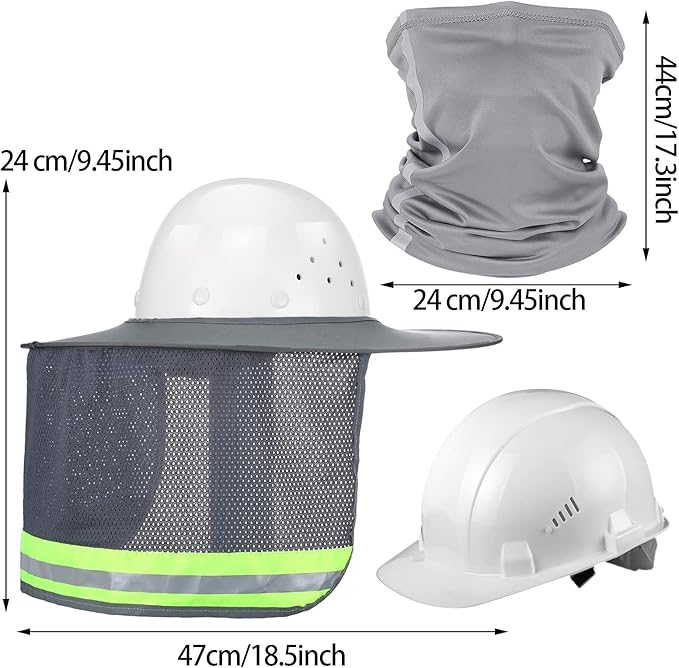 SATINIOR 2 Pcs Sun Hard Hat Neck Protection High Visibility Full Brim Mesh Sun Protection and Neck Gaiter Bandana Face Scarf for Construction Helmet Hard Hat Accessories, Reflective(Grey)