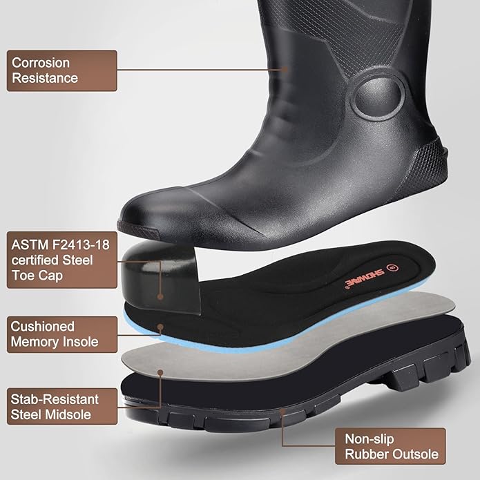 Showave Steel Toe Rubber Work Boots for Men Waterproof Durable Concrete Boots for Hunting Manufacturing Construction
