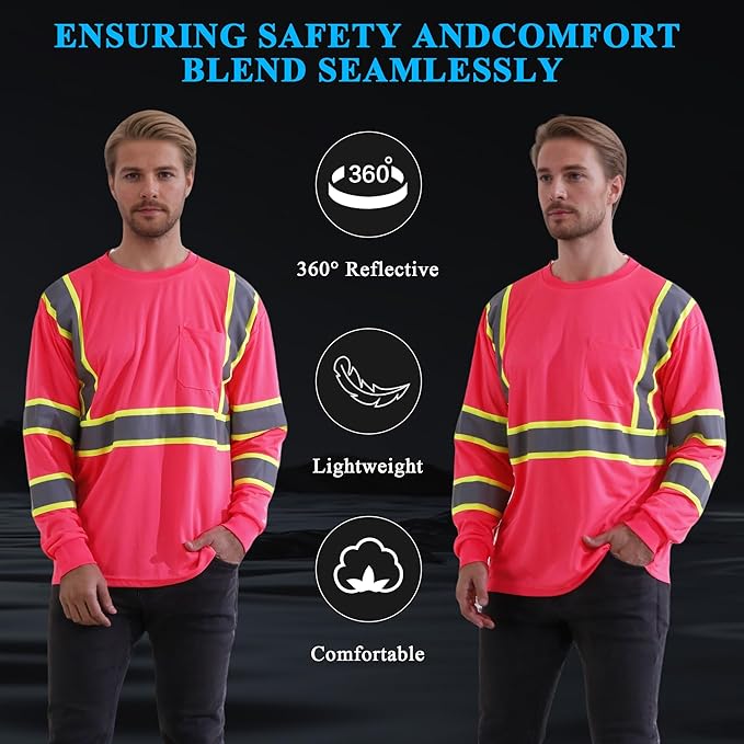 W&H Hi Vis Safety Long Sleeve Shirts Reflective High Visibility Birdeyes Class 3 Shirts,Construction Work