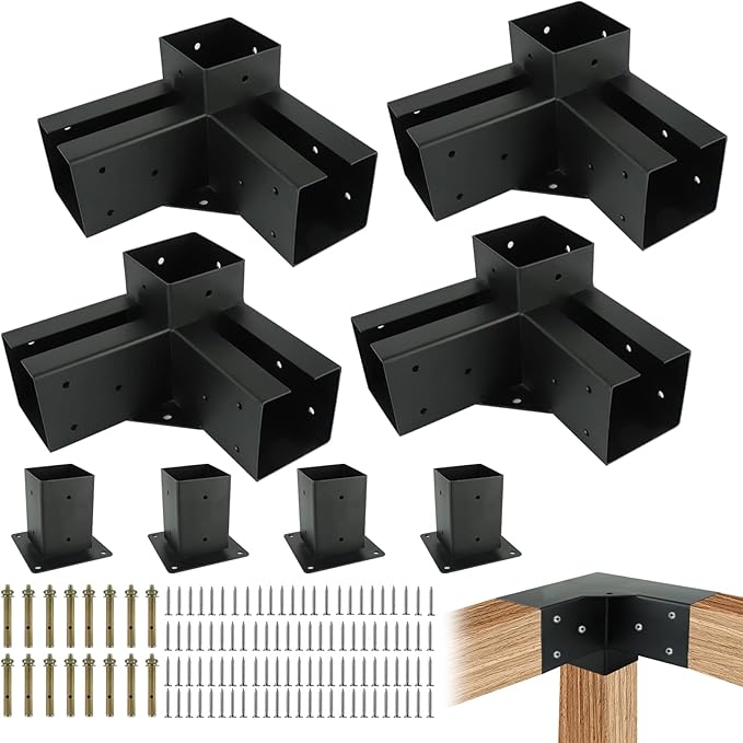 Pergola Gazebo Brackets Kit Nopwer - 3-Way Right Angle Corner Bracket for 4x4 Inch Wood Beams
