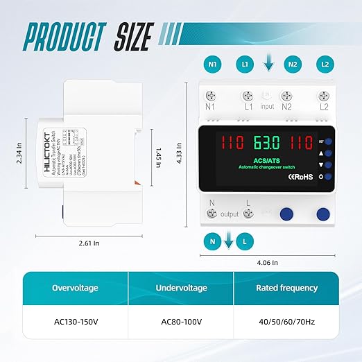 Automatic Transfer Switch 63A 110V, Manual Changeover Switch DIN Rail Mount, 63Amp AC 2P Dual Power Mini ATS with LED Display for Home Generator & Gas Furnace, Adjustable Voltage 50/60Hz CE Certified