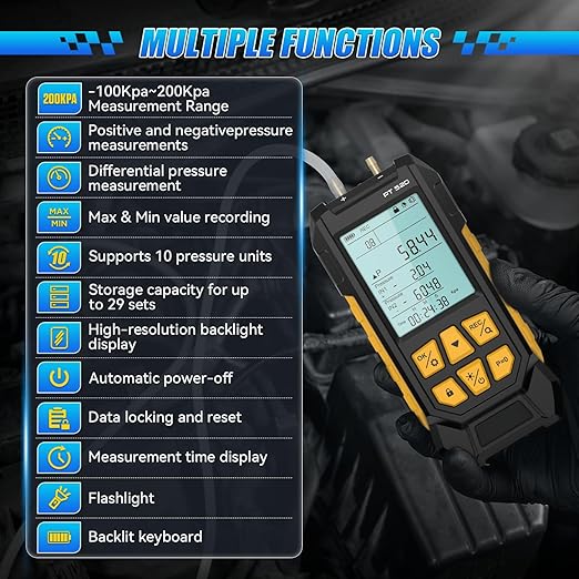 Manometer, Dual-Port HVAC Manometer with 7 Adapters, 10 Units Switch, Data Locking & Storage, Backlit Display Screen Gas Pressure Tester, -100 to 200Kpa, PT520