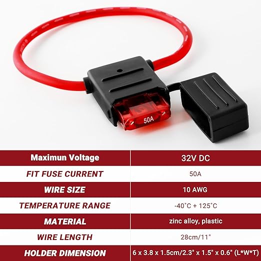 10 Gauge Inline Fuse Holder: 12V-32V with 50 AMP Maxi Blade Fuses & Waterproof Plastic Housing for Large Vehicles Car Truck Boat Motorcycle 11" Long(2 Pack)