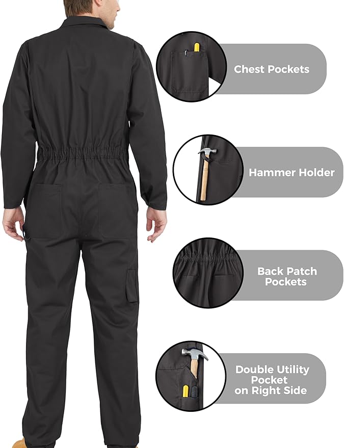 Ubon Long Sleeve Coveralls for Men, Zip Front Cotton Twill Work Coverall, Action Back Jumpsuit with Pockets