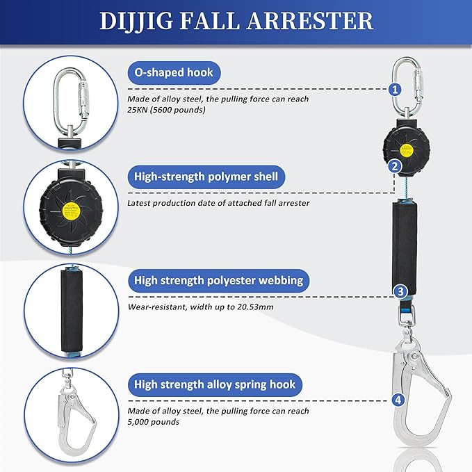 6FT Fall Protection Retractable Lanyard, Self Retracting Lifeline Construction Lanyard Fall Arrest Safety Roofing Heavy Duty Leading Positioning (Large Hook)