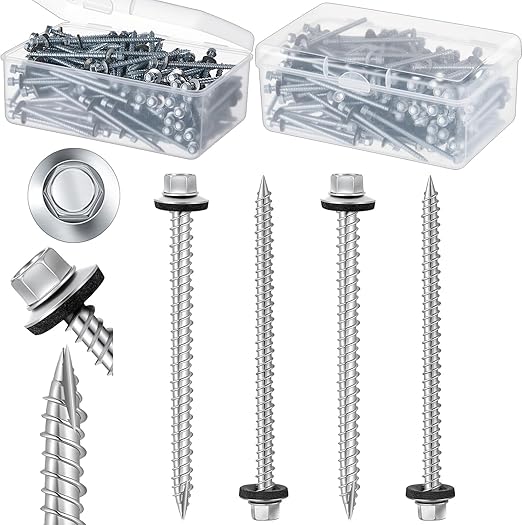 Tandefio Hex Head Metal Roofing Screws Galvanized Roof Self Starting Tapping Siding Sheet with Rubber Washer Seal for Wood Panels Summer(Zinc,500 Pcs,#10 x 3'')