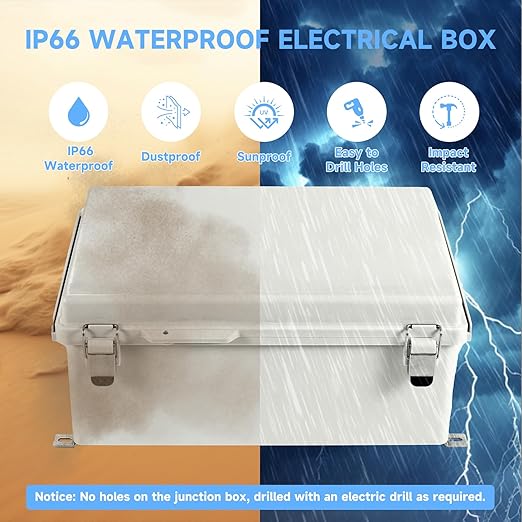 Waterproof Electrical Junction Enclosure Outdoor with Stainless Latch, IP65 ABS Plastic Project Box with 1 Grid Mounting Plates, 2 Cable Glands, 4 Wall Brackets and 8 Screws (Large:13.8"x9.8"x5.9")