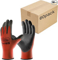 COOLJOB 60 Pairs Safety Work Gloves Pack Bulk with Grip PU Coating, 13 Gauge Seamless Knit Gloves with Polyurethane Dipped for Warehouse Working, Breathable Lightweight for Men Women, Red Large