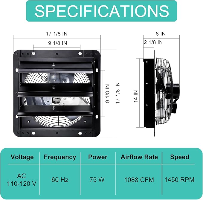 14 Inch Shutter Exhaust Fan for Greenhouse, Shed, Garage, Barn, Chicken Coop Ventilation, 1088 CFM High Power Wall Mount Attic Fan with Speed Controller and Power Cord, Black