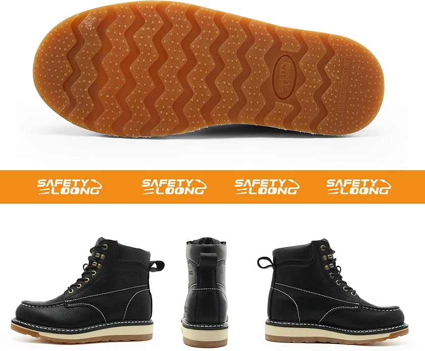 Moc Toe Work Boots for Men Waterproof Soft/Steel Toe Comfortable Full Grain Leather Non Slip Wedge Outsole Construction 6" Workboots