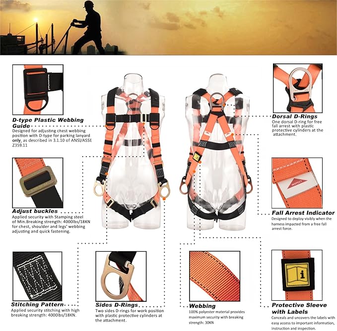 3D-Rings Industrial Fall Protection Safety Harness Kit With Double Leg 6-Foot Shock Absorber Stretch Lanyard ANSI Compliant Personal Fall Arrest System(PFAS)