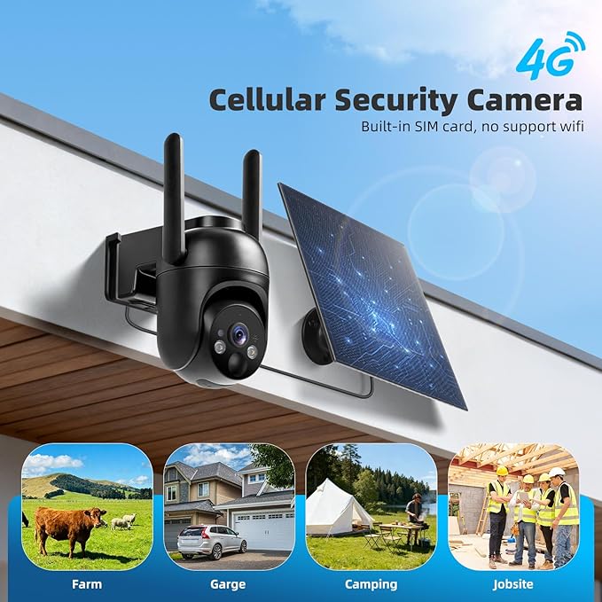 4G LTE Cellular Security Cameras Solar Powered No WiFi Security Camera Outdoor Wireless Built-in SIM Card 2K Color Night Vision 360° View Motion Detection 2-Way Audio 1 Pack