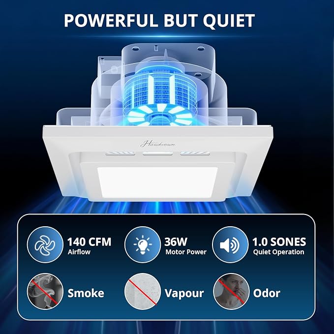 10" Bathroom Exhaust Fan with Light, 8" x8" Ceiling Opening, 110 CFM Powerful 1.0 Sone Quiet Vent Fan, 2600lm 6000K Color LED Light, Easy to Install, Space Saving Bathroom Ventilation