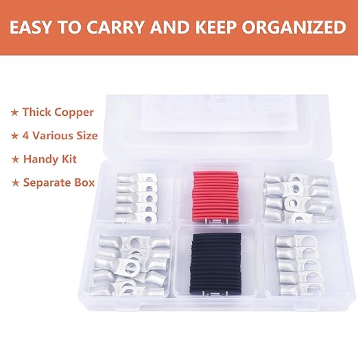 2 AWG Tinned Copper Ring Terminal Kit (62 Pcs) - 30 Battery Lugs (1/4", 5/16", 3/8", 1/2") with 32 Heat Shrink Tubes for 2 Gauge Wire in Automotive, Solar, Marine, RV Applications