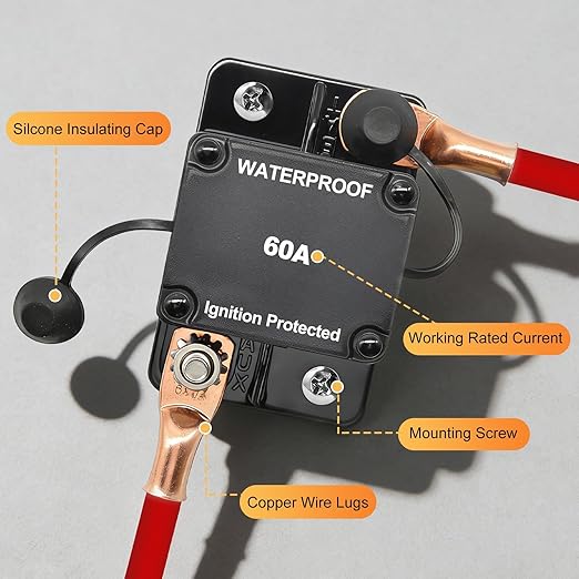 Auto Reset 60Amp Circuit Breaker for Boat Trolling Motor Marine ATV Trailer Vehicles Stereo Audio Electronic Battery Solar System Inline Fuse Waterproof DC 12V-48V (Surface-Mount-Auto Reset)