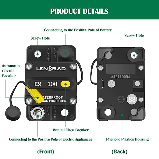 LENKRAD 100 Amp Marine Circuit Breaker Resettable 100A with Manual Reset Switch Button for Boat, Trolling, RV, Yacht, 12V - 48V DC, Waterproof, Surface Mount(100 Amp Boat Circuit Breaker)