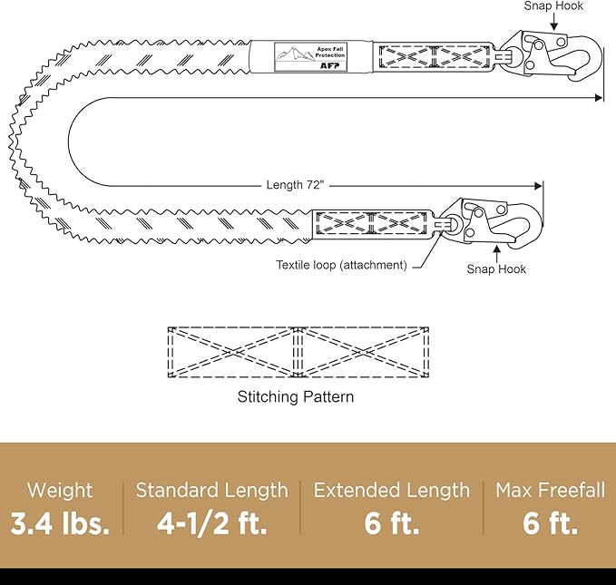 AFP 6 FT Single Leg Internal Shock Absorbing Safety Lanyard with Dual Snap Hooks