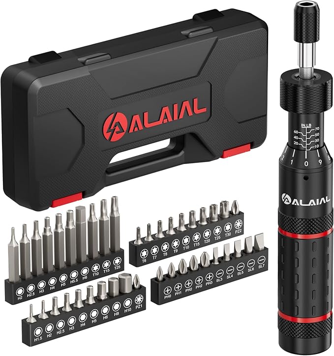 Torque Screwdriver Set 10-70 in-lb, Adjustable 1/4" Hex Inch-Pound Torque Driver with S2 Steel Bits & Case – Precision Tool for Bike Repair, Scope Mounting & Optics