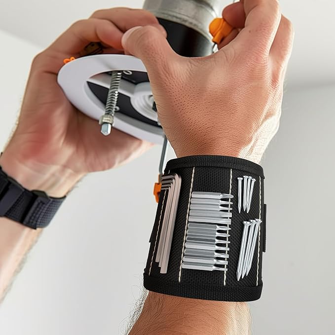 Magnetic Wristband for Screws, 3-Row Strong Magnets for Holding Screws, Nails, Drill Bits, Tool Belts for Men, Craftsmen, Construction, Great Gift for Dad, Men (Black)