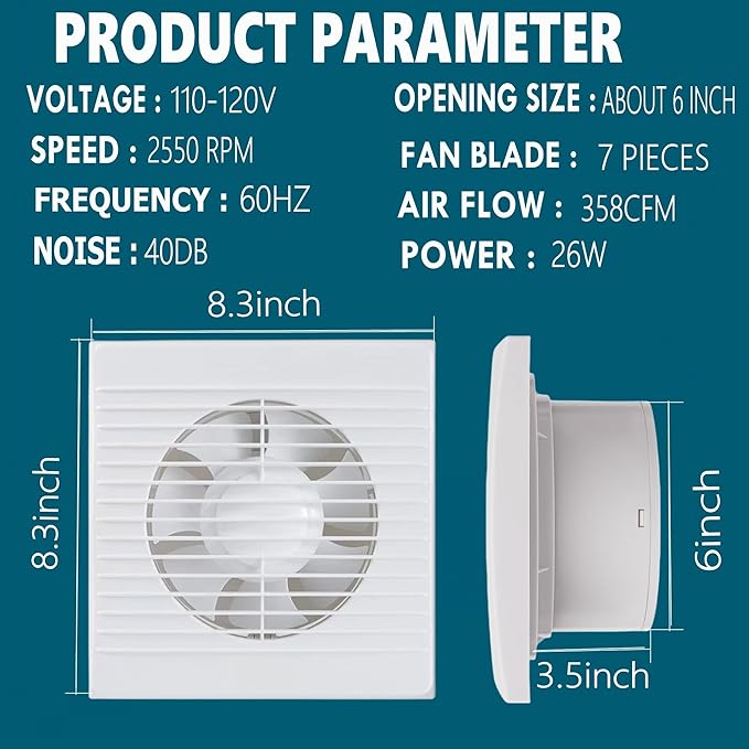6 Inch Exhaust Fan, 26W Wall Mount Small Ventilation Fan With Switch, 139CFM Ventilation Extractor Fan With Anti-backflow Check Valve Ultra Thin For Bathroom Kitchen Garage(White)
