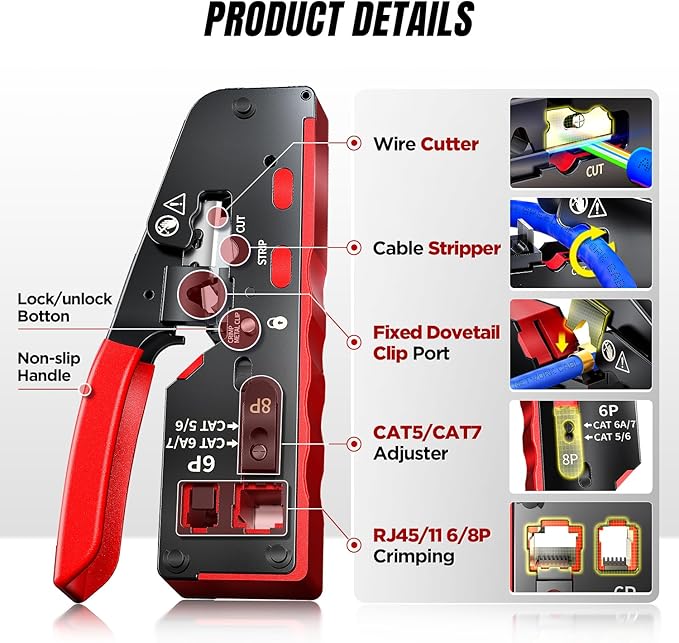 AMPCOM Pass Through RJ45 Crimp Tool, All-in-one Ethernet Crimper, Crimping for STP UTP RJ45/ RJ11 Cat8 Cat7 Cat6A Cat6 Cat5e Cat5 Connectors, AM-728RD