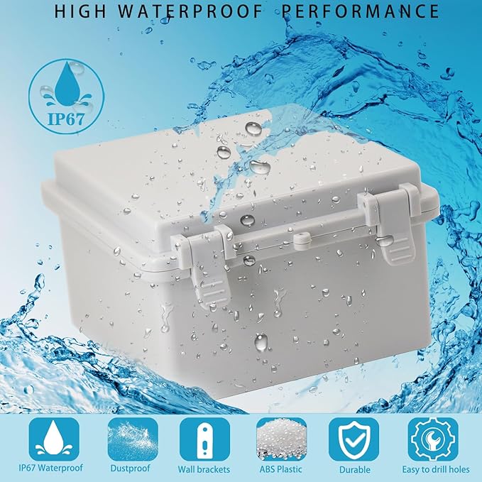 Waterproof Electrical Box Dustproof Junction Box Weatherproof IP67 ABS Plastic Enclosure Switch Router Project Box with Mounting Plate with Wall Bracket 2 Cable Glands Grey 5.9"x5.9"x3.5"