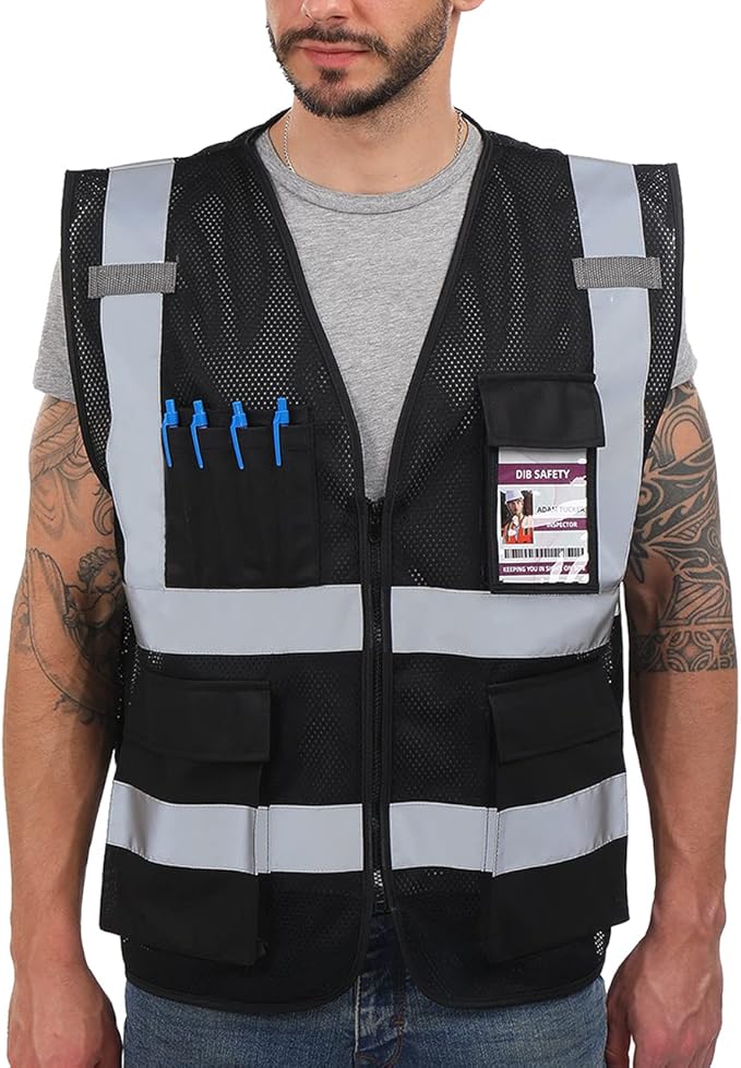 Dib Safety Reflective Vest ANSI Class 2, High Visibility Vest with Pockets and Zipper, Construction Work, Hi Vis