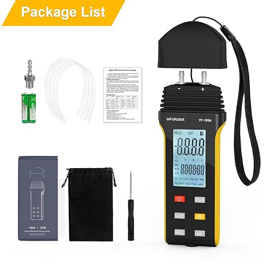 Manometer, Digital HVAC Gas Pressure Tester, Professional Air Pressure Meter, Handheld Gas Pressure Meter, 11 Selectable Units Differential Pressure Gauge YF-189A with Backlight