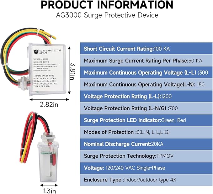 120/240 VAC Universal HVAC Surge Protective Device AG3000 TPMOV Technology, Watertight Enclosure, Comprehensive Surge Protection