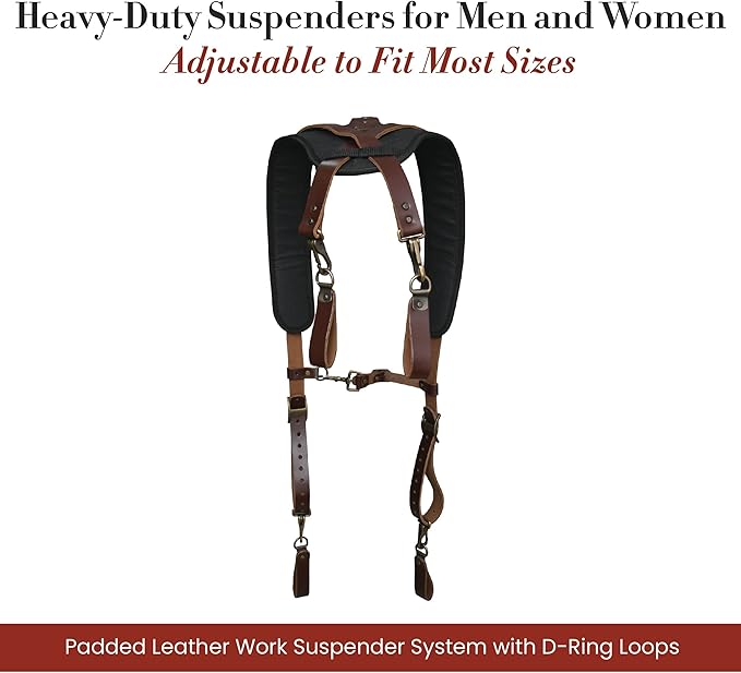 Style n Craft Padded Leather Work Suspender System with D-Ring Loops, Heavy-Duty Suspenders for Men, Leather Belt Straps, Adjustable to Fit Most Sizes, Dark Tan (98214)