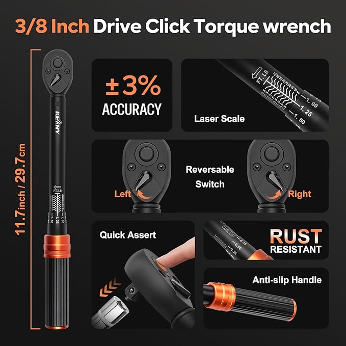 Kerry 10PCS 3/8'' 5-45 Ft.lb Drive Click Torque Wrench Set with Magnetic Spark Plug Socket and 10'' Extra-Long Extension Bar, Universal Joint, 3% Accuracy 72 Tooth Dual-Scales Precision Tool for Car