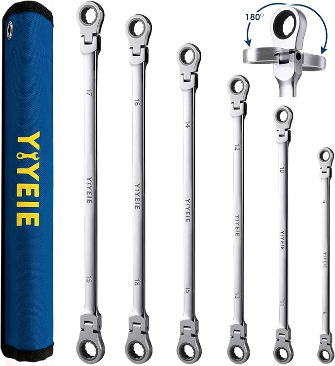 6 Pcs Extra Long Flex Head Ratcheting Wrench Set, Metric Long Wrench 8mm - 19mm, 72-Tooth Double Box End Wrenches, Chrome Vanadium Steel with Mirror Polish Finish, Rolling Pouch