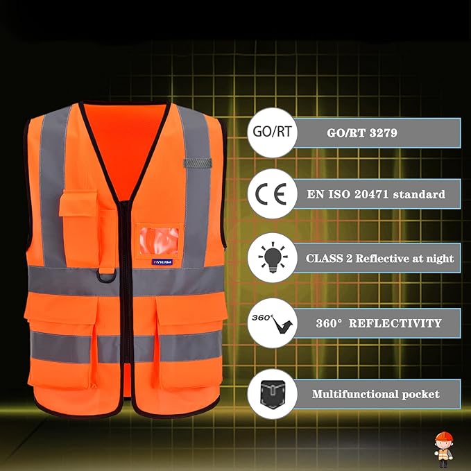 A-SAFETY High Visibility Safety Vest Reflective,Hi vis Working Vest,Orange Medium