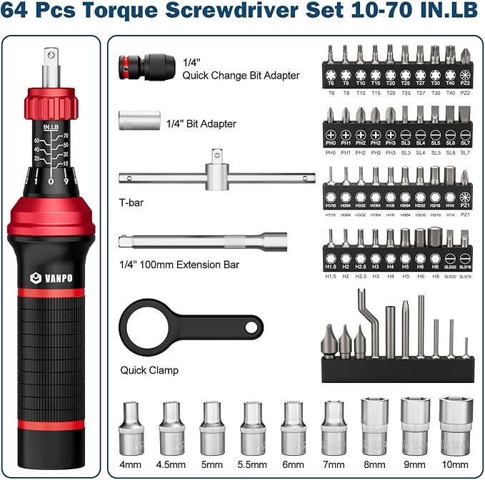 VANPO Torque Screwdriver, 64 Pcs 10-70 Inch Pound Torque Screwdriver Set with T-Bar & S2 Bits, Accurate 1/4" Small Torque Wrench Screwdriver for Bike, Scope Mounting & Device Assembly