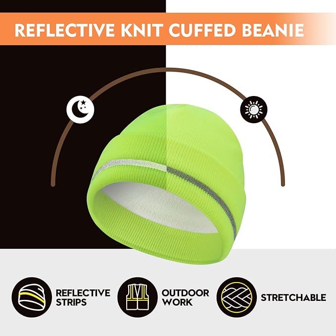 MELASA Fleece Lined Warm Winter Hat, High Visible Reflective Strip Knit Cuffed Beanie Safety Hat for Outdoor Work Running