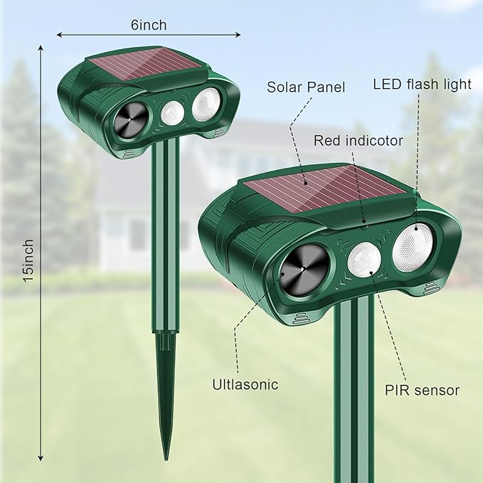 2 Pack Solar Ultrasonic Animal Repeller Outdoor Cat Deer Repellent Devices with Strobe Flashing Light - Keep Squirrels, Dogs, Raccoons,Rabbits,Skunks Away from Garden Yard Farm Animal Deterrent