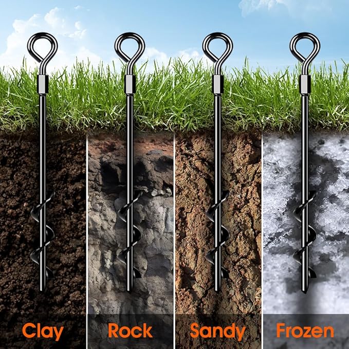 Ground Anchors Screw in Trampoline Anchors Heavy Duty Ground Anchors,Tent Stakes for Camping Tent, Trampoline, Canopies, Carports, Sheds, Swing Sets, Black Anti-Rust Coating for High Wind (16 X 14)