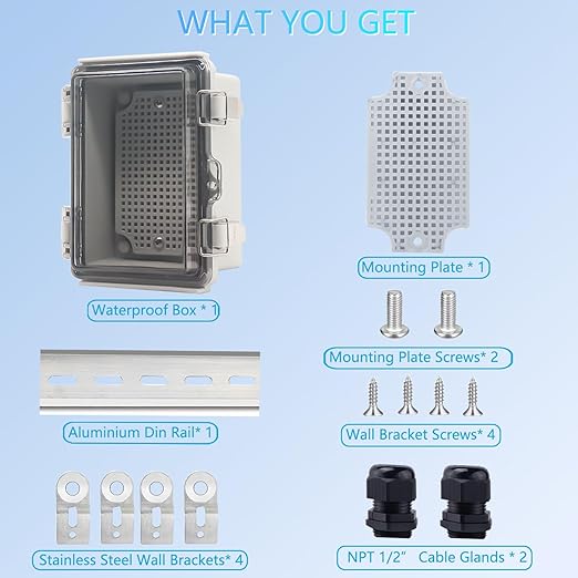 Waterproof Junction Box, ABS Plastic Electrical Box with Stainless Steel Latch, Hinged Cover Electric Project Enclosure Box with Mounting Plate, Wall Brackets & Cable Gland 5.9"x3.9"x2.8"