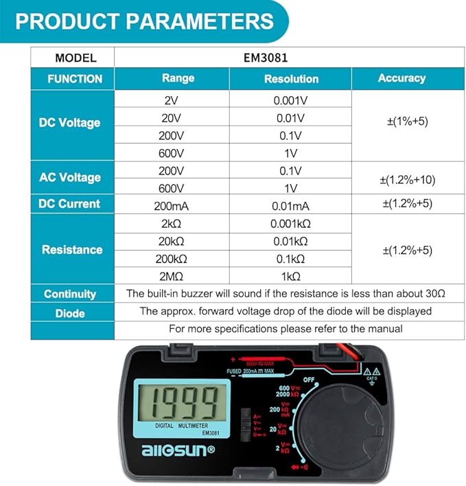 allsun Manual Range Mini Digital Multimeter 6 Functions Handheld Folding Voltmeter 3-1 2 Digit Pocket DMM DC/AC DC Ammeter Ohm Continuity Diode Tone Tester EM3081