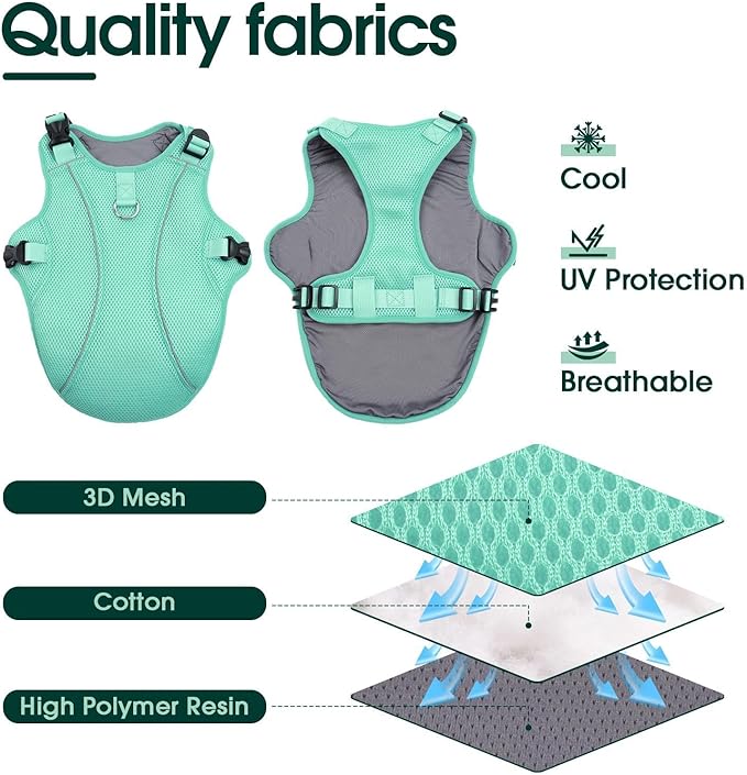 Kuoser Dog Cooling Vest for Large Dogs, Lightweight Doggie Cooler Jacket Breathable Mesh Pet Cooling Shirts Reflective Puppy Cool Harness for Beach, Hiking, Walking Green XXL