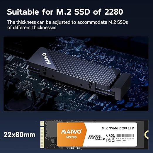 MAIWO M.2 SSD Heat Sink Cooler for 2280 SSDs Double-Sided Heatsink with Thermal Silicone Pad for PC NVMe M2 SSD, Aluminum Alloy Shell, 5mm Thickness