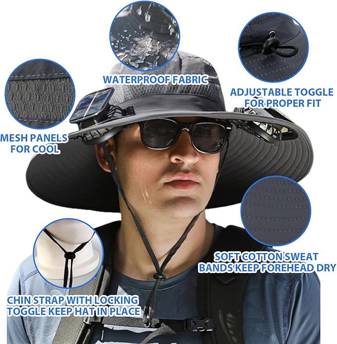 Men's Wide Brim Solar Fan Outdoor Fishing Hat in Grey - includes 2 Solar Fans, Medium, Black